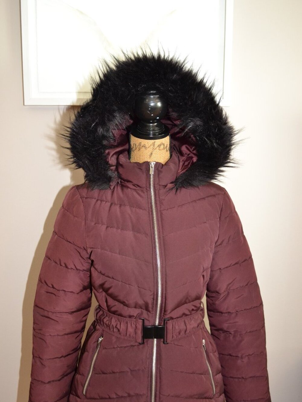 Express Maroon Belted Long Puffer Coat w Detachable Faux Fur Hood sz Small - Picture 3 of 13